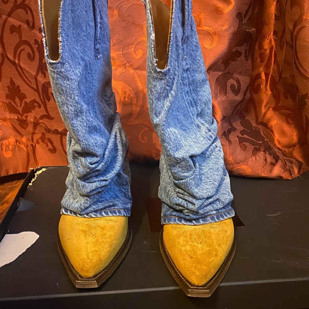 R13 Blue and Tan Heeled Boots